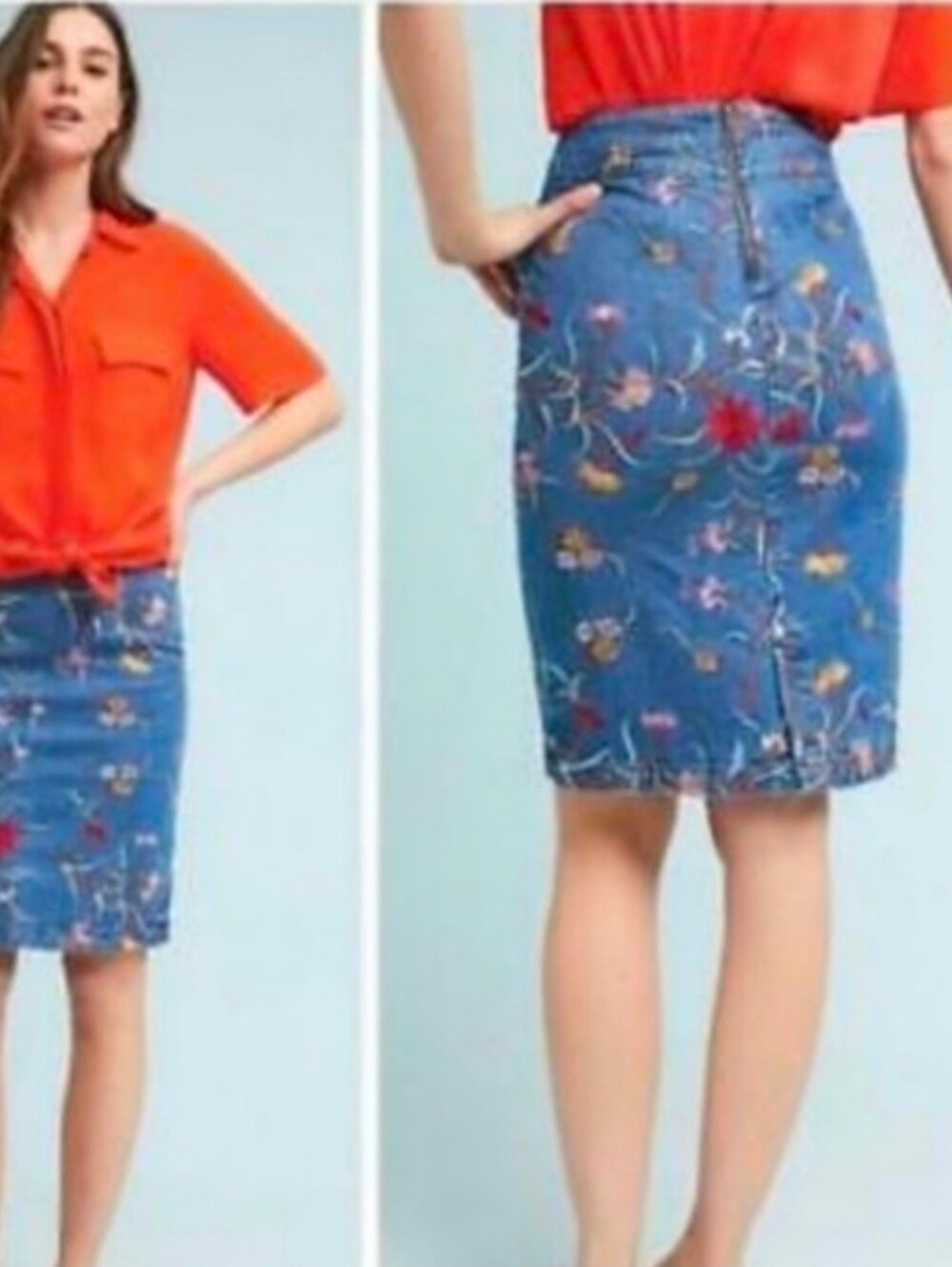 Maeve by Anthropologie Floral Embroidered Denim Pencil Skirt Size 2 Midi Mini - Picture 3 of 10